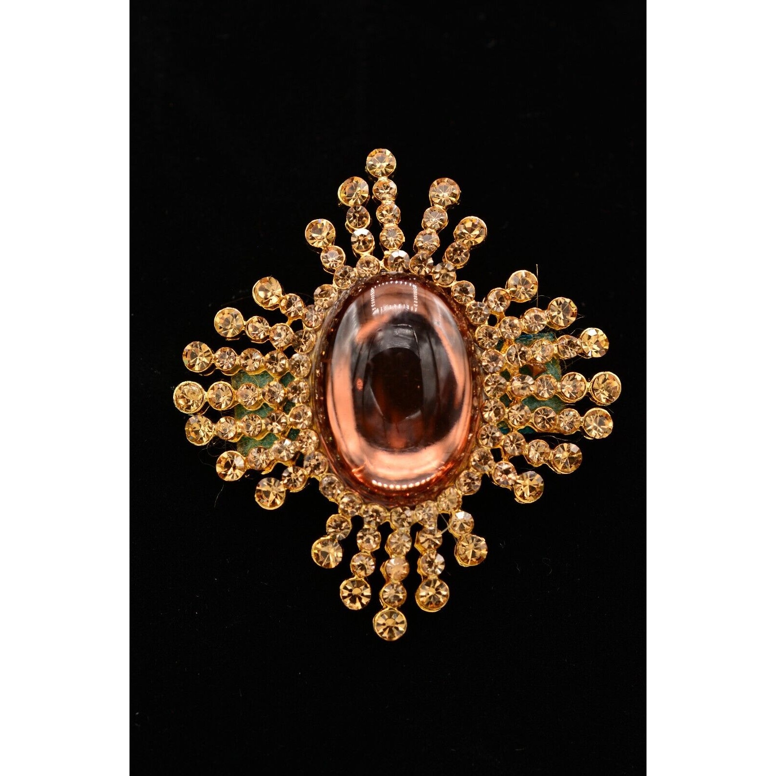 Tasha Vintage Cabochon Pin Brooch Rhinestone Crystal Gold Amber Signed Binal